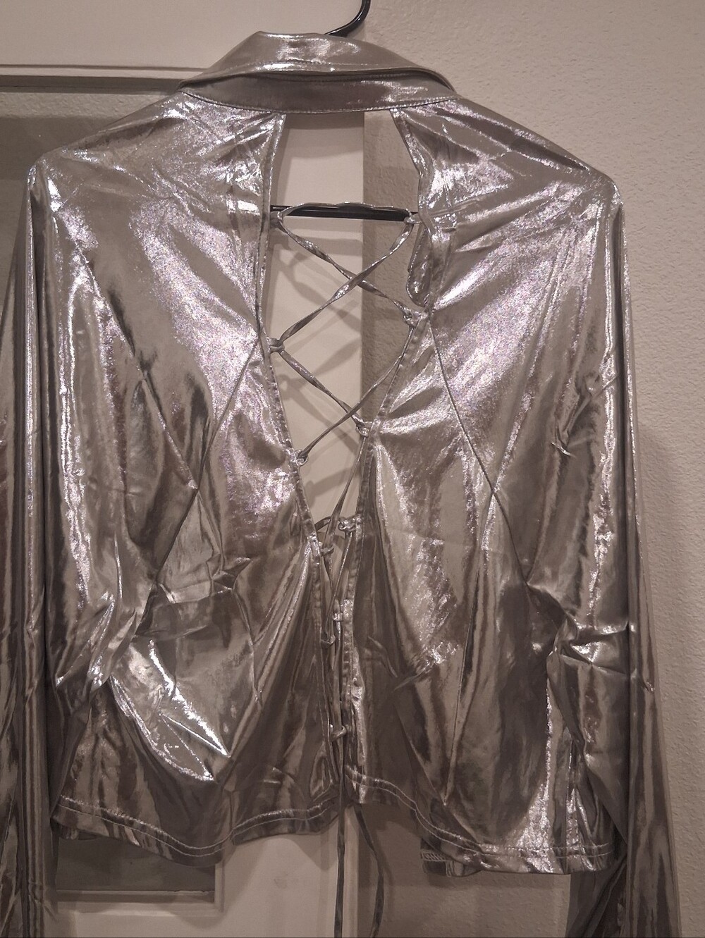 Metallic Silver Lace-Up Back Women’s Top